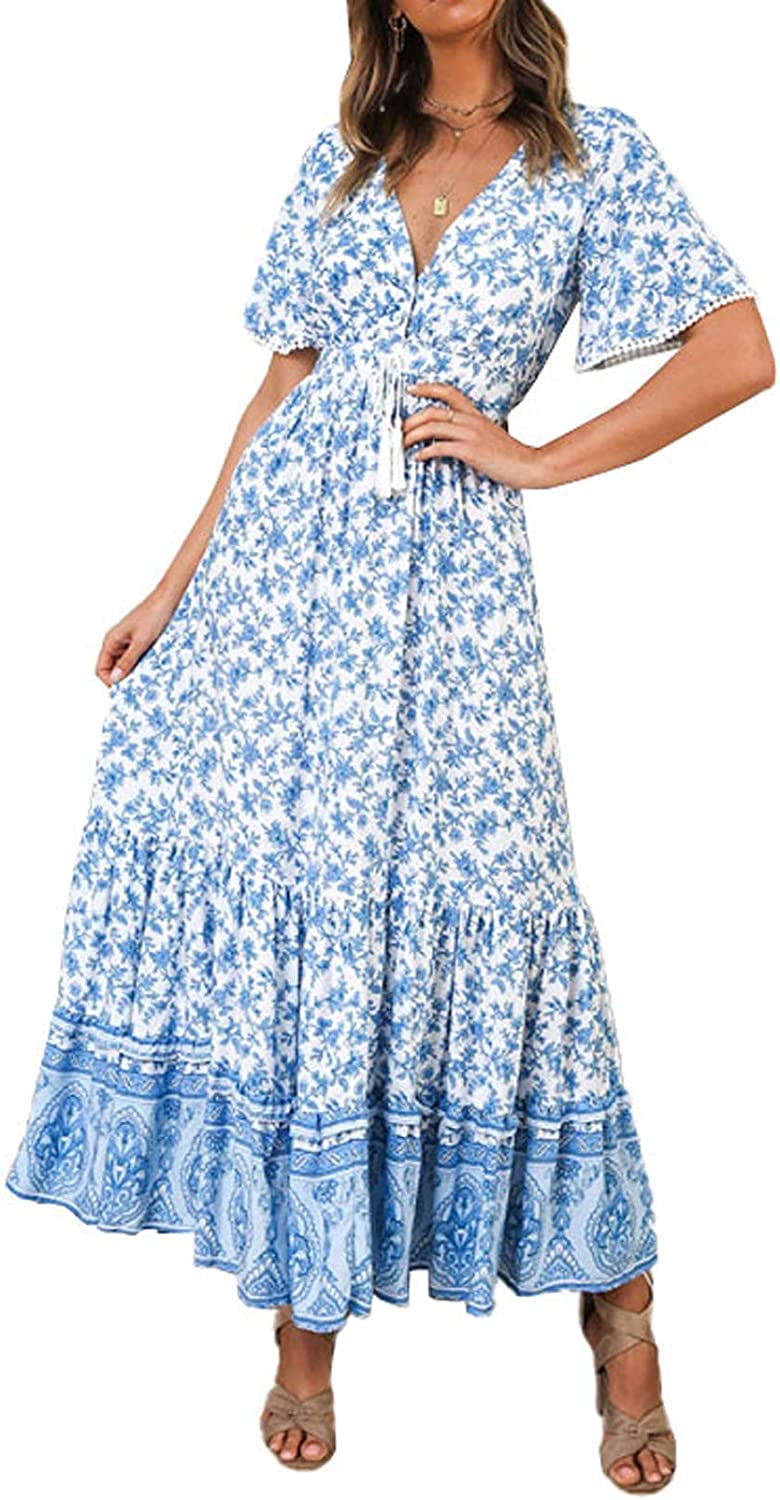 Womens Summer Cotton Short Sleeve V Neck Floral Print Casual Bohemian Midi Dresses