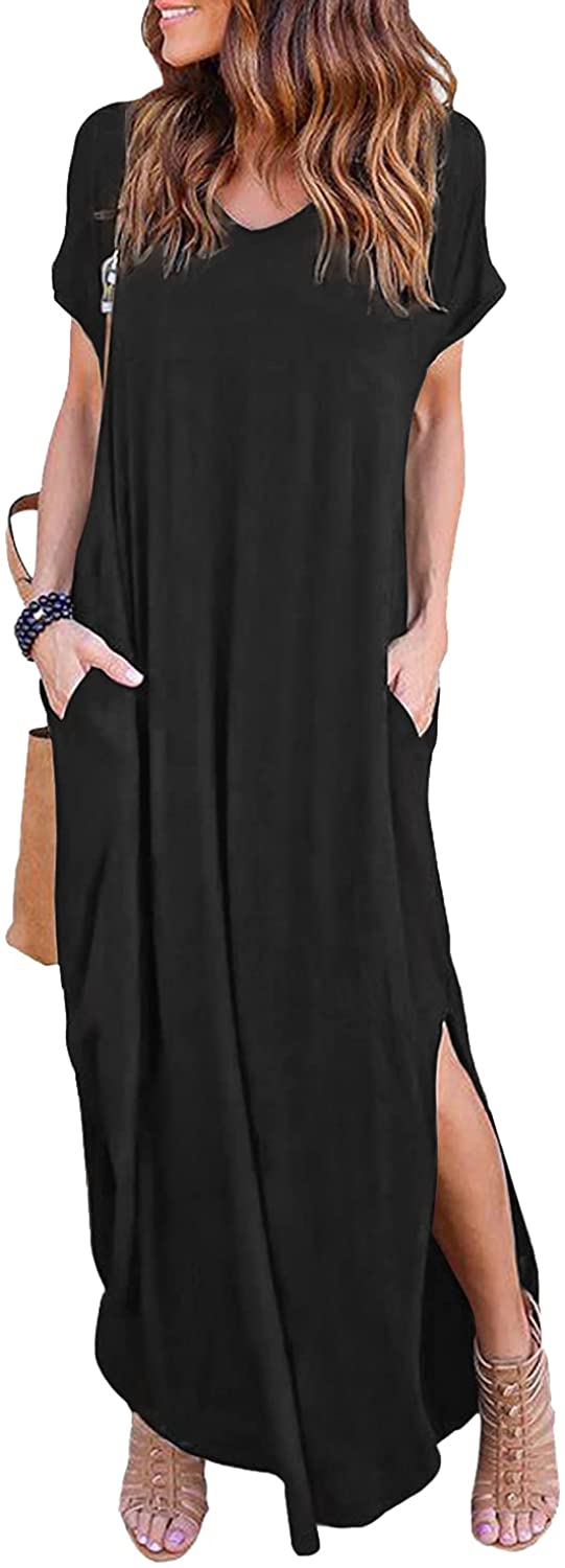 Women's Summer Maxi Dress Short Sleeve V Neck Casual Loose Long Beach Split Dresses with Pockets