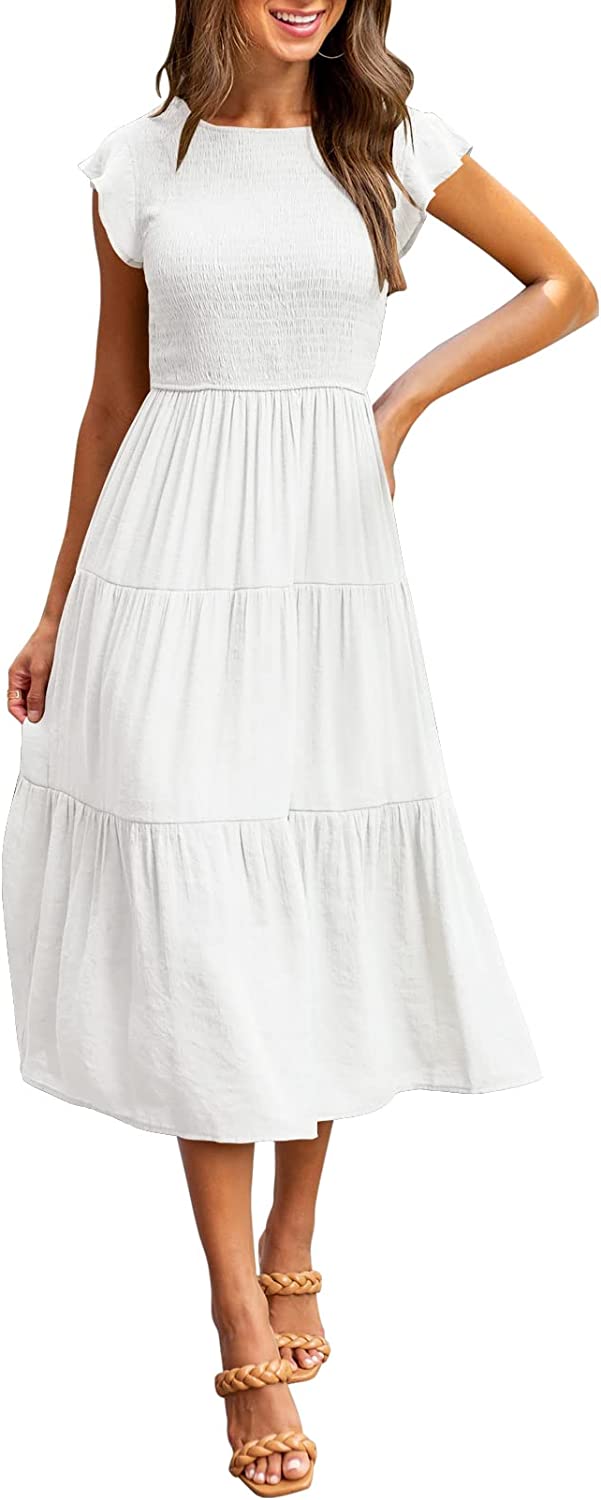 Women's Summer Casual Midi Maxi Dress Boho Flutter Sleeve Smocked A-Line Long Dress