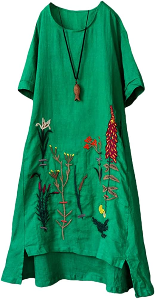Women's Embroidered Linen Dress Summer A-Line Sundress Hi Low Tunic Clothing