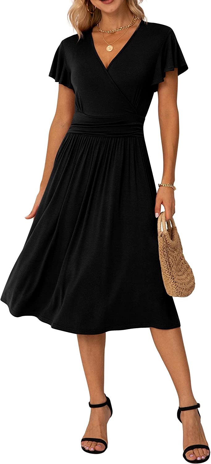 Summer Dress for Women, Casual Ruffle Short Sleeve Dresses, Wrap V-Neck Dress