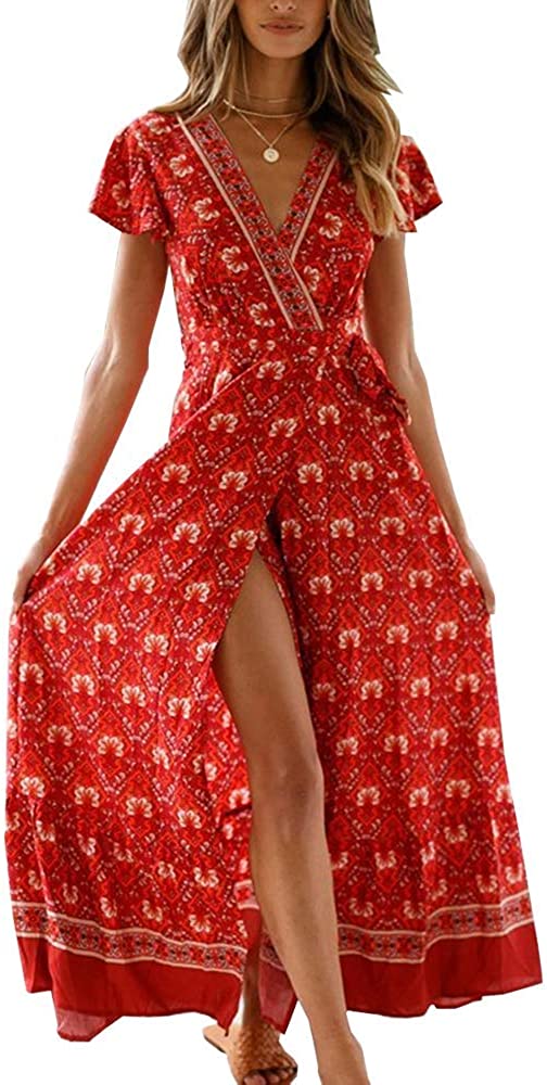 Women Boho Summer Side Split Deep V Neck Short Sleeves Maxi Dress with Belt