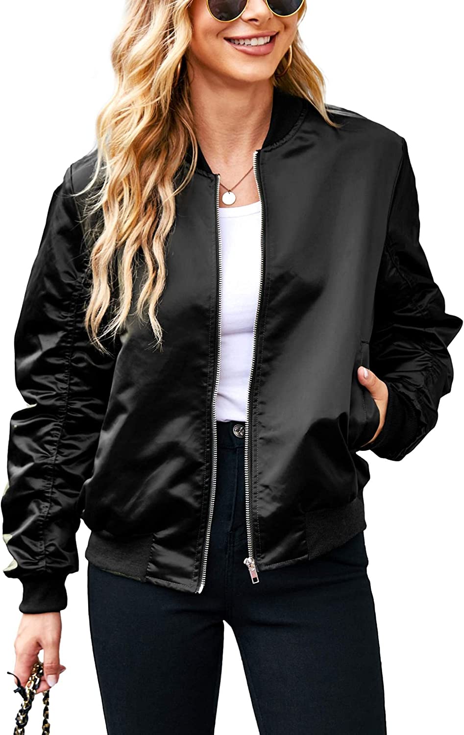 ACEVOG Women Fashion Satin Bomber Jacket Zip Up Casual Jacket Coat with Pocket Outfit