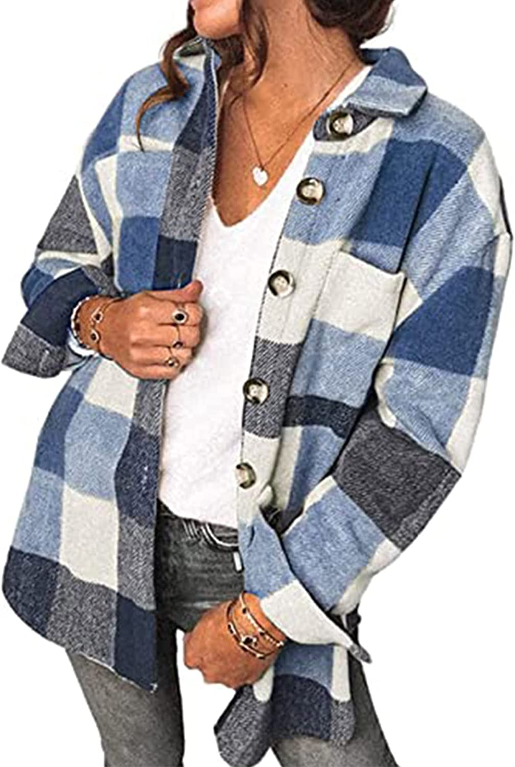 AOVDE Women's Plaid Shirts Flannel Lapel Button Down Long Sleeve Jacket Casual Boyfriend Shacket Jacket Coats
