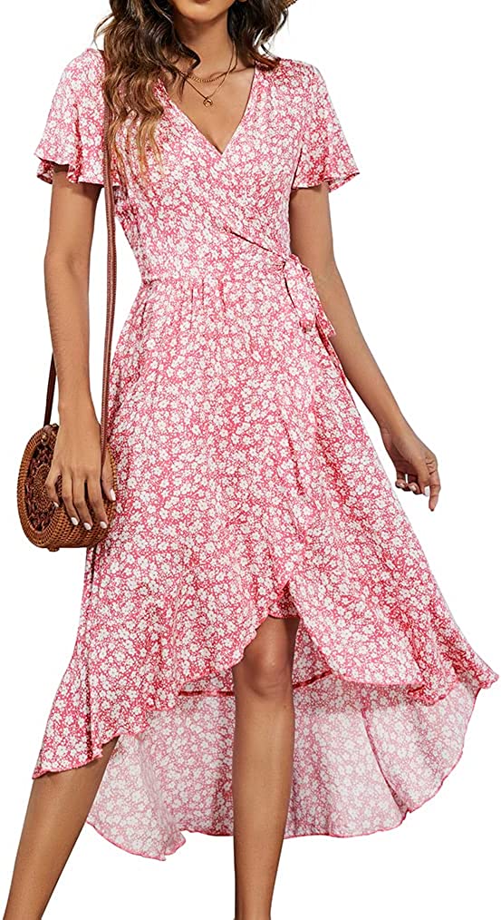 Women's Summer Wrap Floral V Neck Ruffle Short Sleeve Beach Midi Dress
