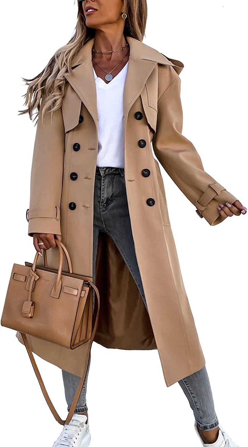 Women's Double Breasted Long Trench Coat Windproof Classic Lapel Belted Overcoat with Pockets