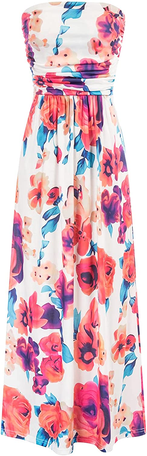 Women Strapless Casual Loose Ruched Long Maxi Dress with Pockets