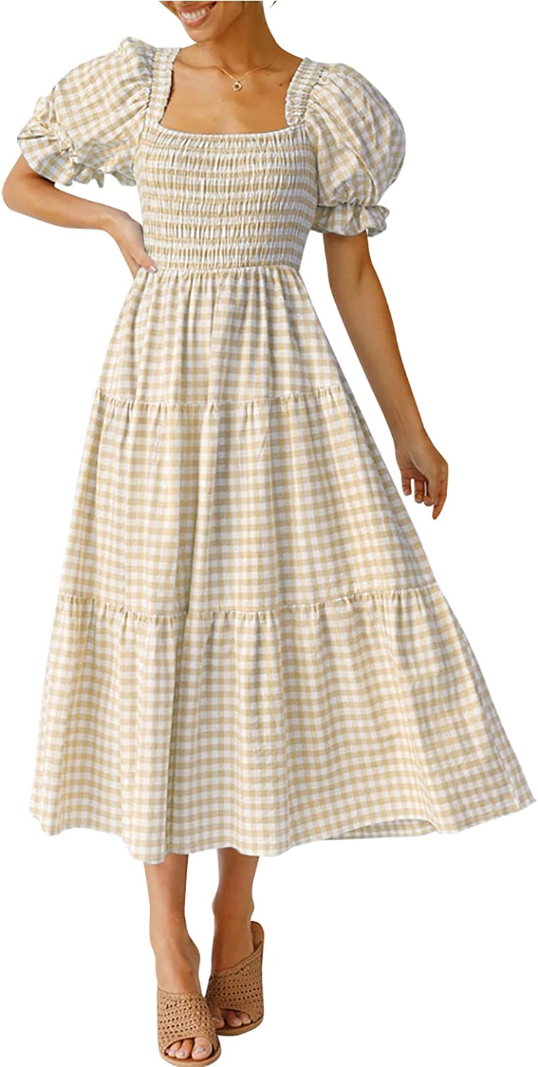 Women's Bohemian Summer Plaid Square Neck Puff Sleeve Ruffle Flowy Beach Midi Dress