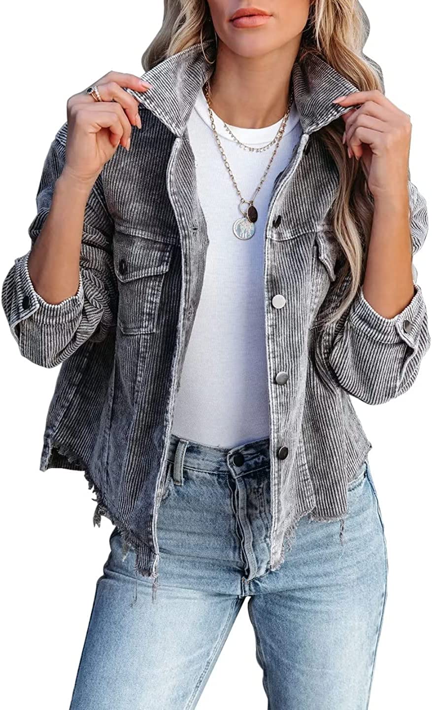 LCRRRN Womens Cropped Corduroy Jacket Casual Button Down Shacket Coat Fringe with Frayed Hem