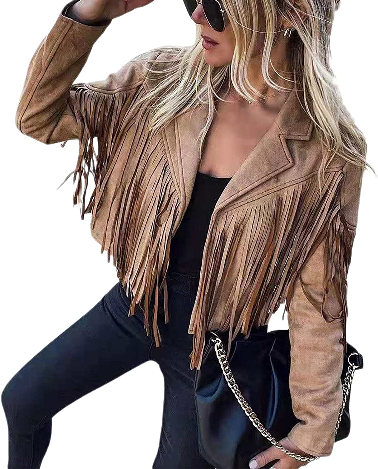 Women Vintage Faux Suede Tassel Cropped Jacket Long Sleeve Fringe Coat Hippie Motorcycle Biker Jacket Tops
