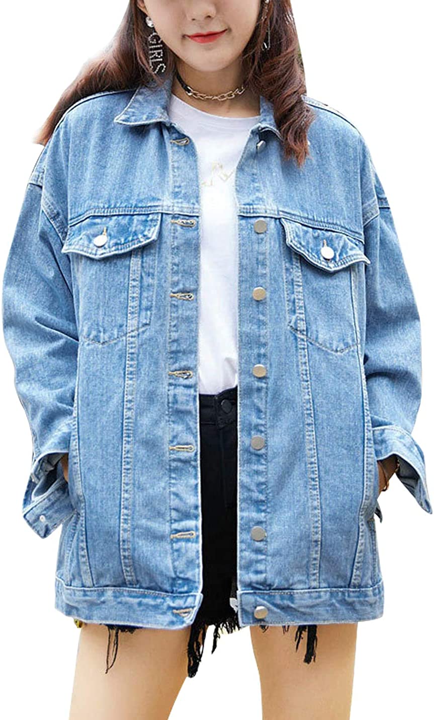 Omoone Women's Oversized Mid Long Denim Jacket Jean Biker Coat