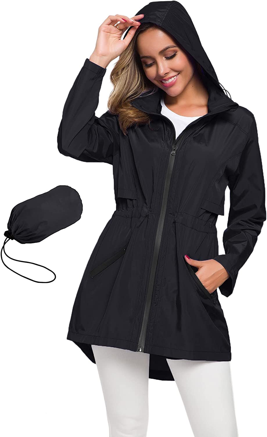 Avoogue Women's Long Raincoat with Hood Outdoor Lightweight Windbreaker Rain Jacket Waterproof