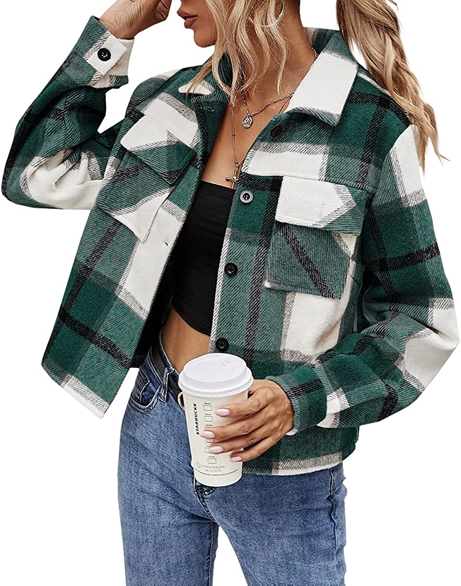 Hongqizo Women Long Sleeve Button Front Plaid Jackets Flannel Wool Blend Casual Plaid Shirts Coat Shackets