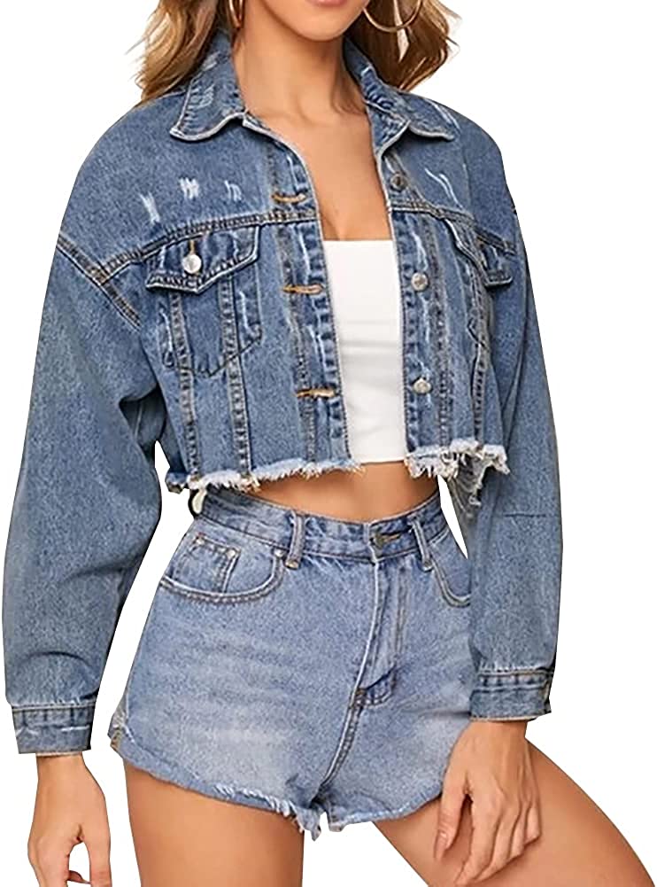 LONGYIDA Women's Jean Jacket Button Down Cropped Frayed Denim Jacket Coat