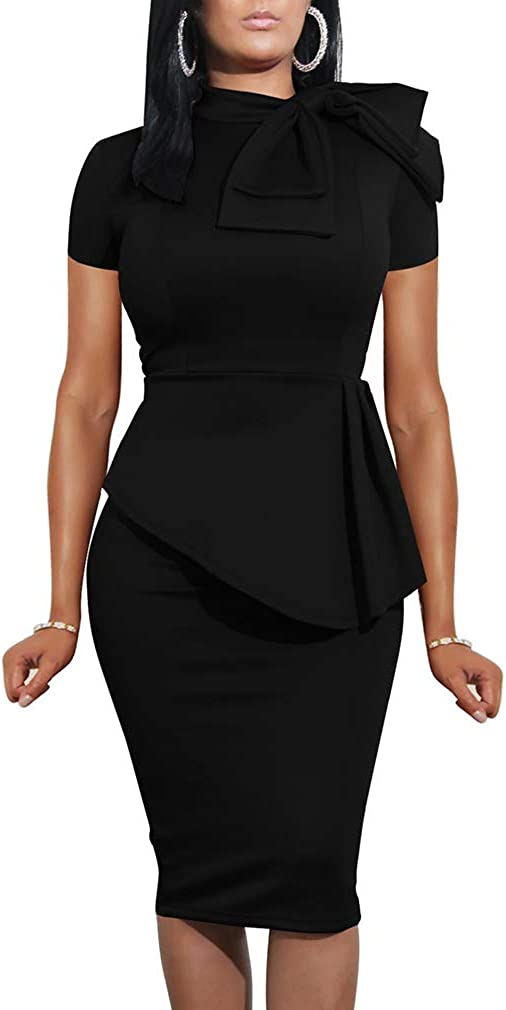 Women Fashion Peplum Bodycon Short Sleeve Bow Club Ruffle Pencil Party Dress