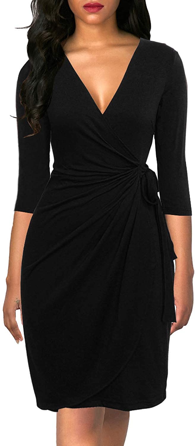 Women's Classic 3/4 Sleeve V Neck Sheath Casual Party Work Faux Black Wrap Dress