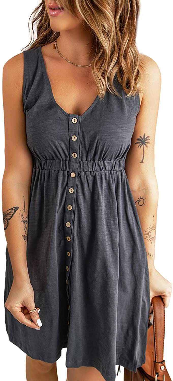 Womens Casual Sleeveless Button Down Elastic Waist Swing Dresses, XS-2XL