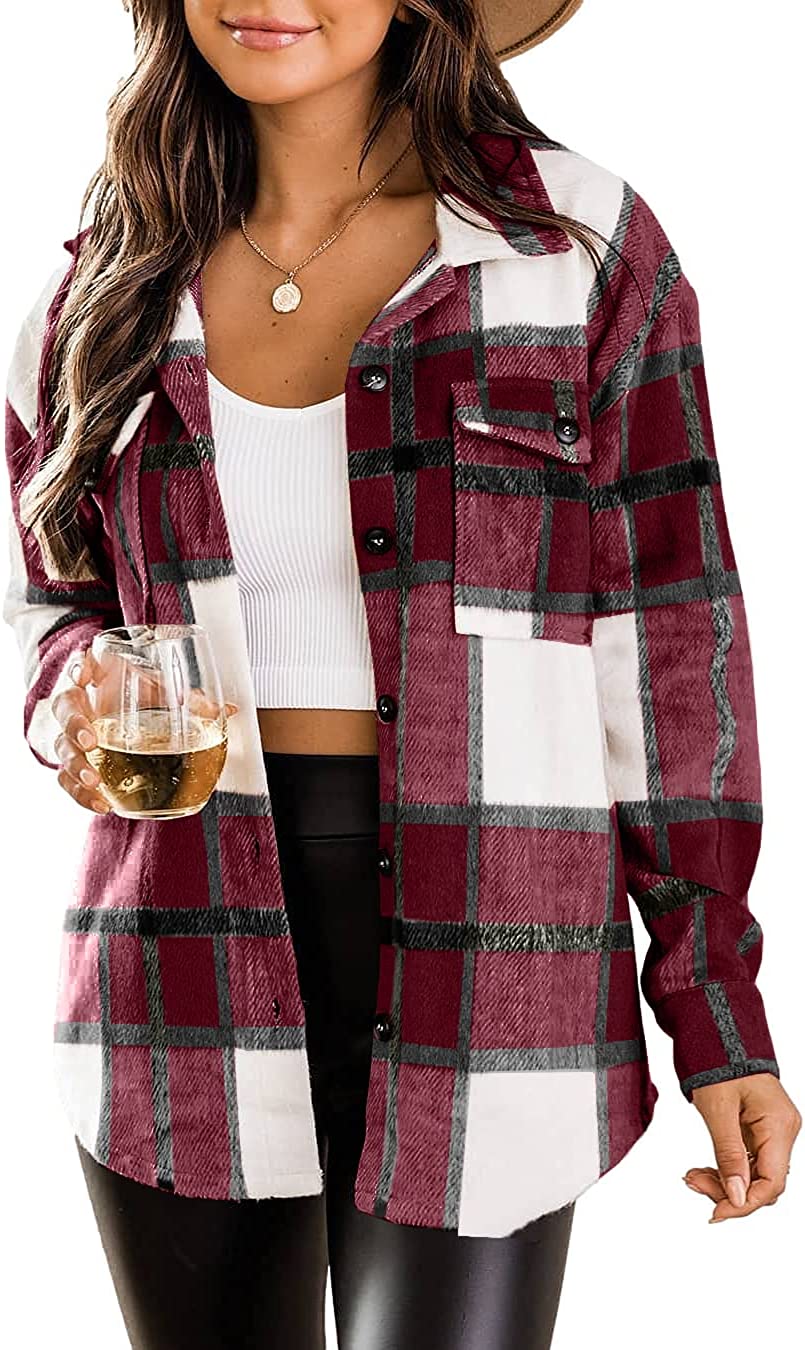 Veatzaer Womens Casual Plaid Shacket Wool Blend Button Down Long Sleeve Shirt Jacket with Pocket