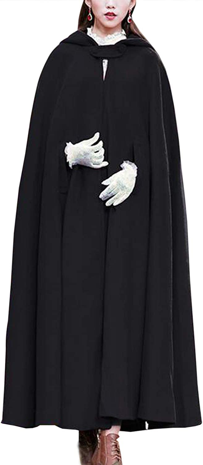 Gihuo Women's Wool Blend Hooded Cape Poncho Maxi Cloak Coat