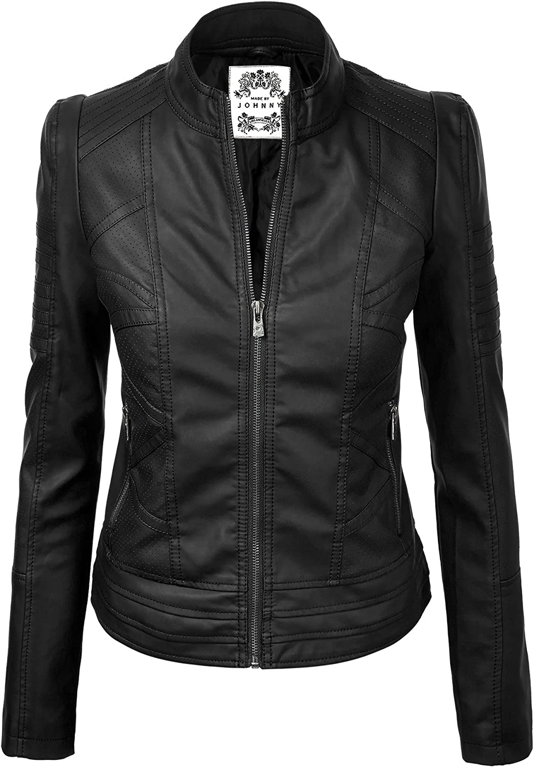 Made By Johnny MBJ Womens Faux Leather Zip Up Moto Biker Jacket with Stitching Detail