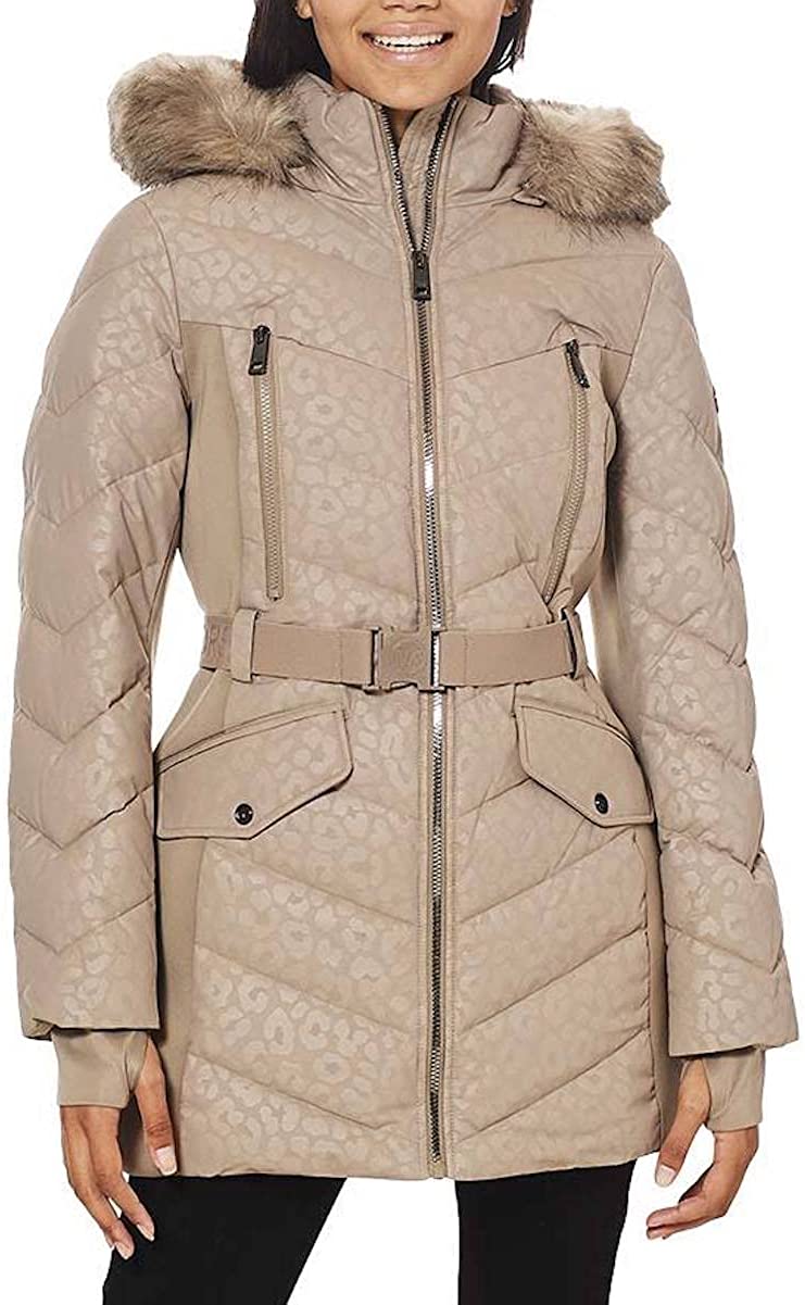 Michael Michael Kors Women's Logo Leopard Belted Hood Puffer Coat Taupe Animal