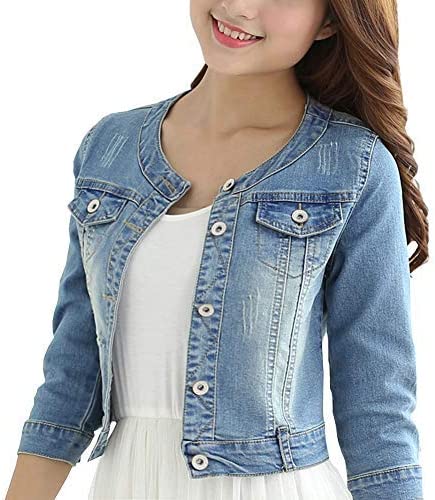 Women's Short Denim Jacket Round Neck Denim Three Quarter Sleeves Light Blue Jacket