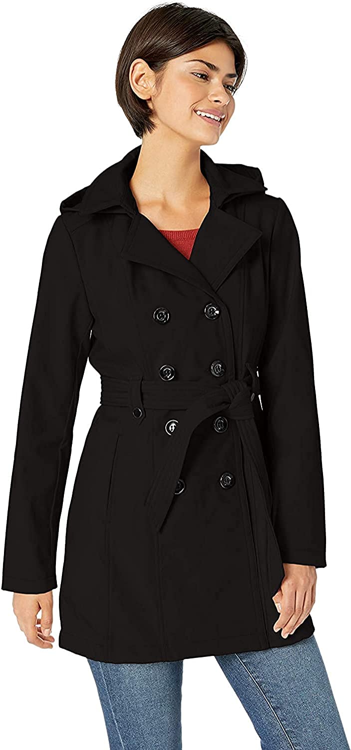 Sebby Collection Women's Soft Shell Trench Coat with Detchable Hood