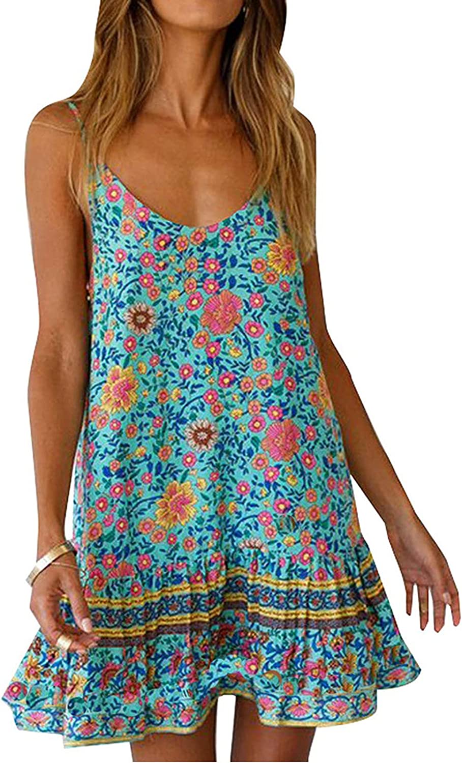 Womens Boho Floral Printed Dress Summer Sleeveless Adjustable Strap Beach Mini Dress with Pockets