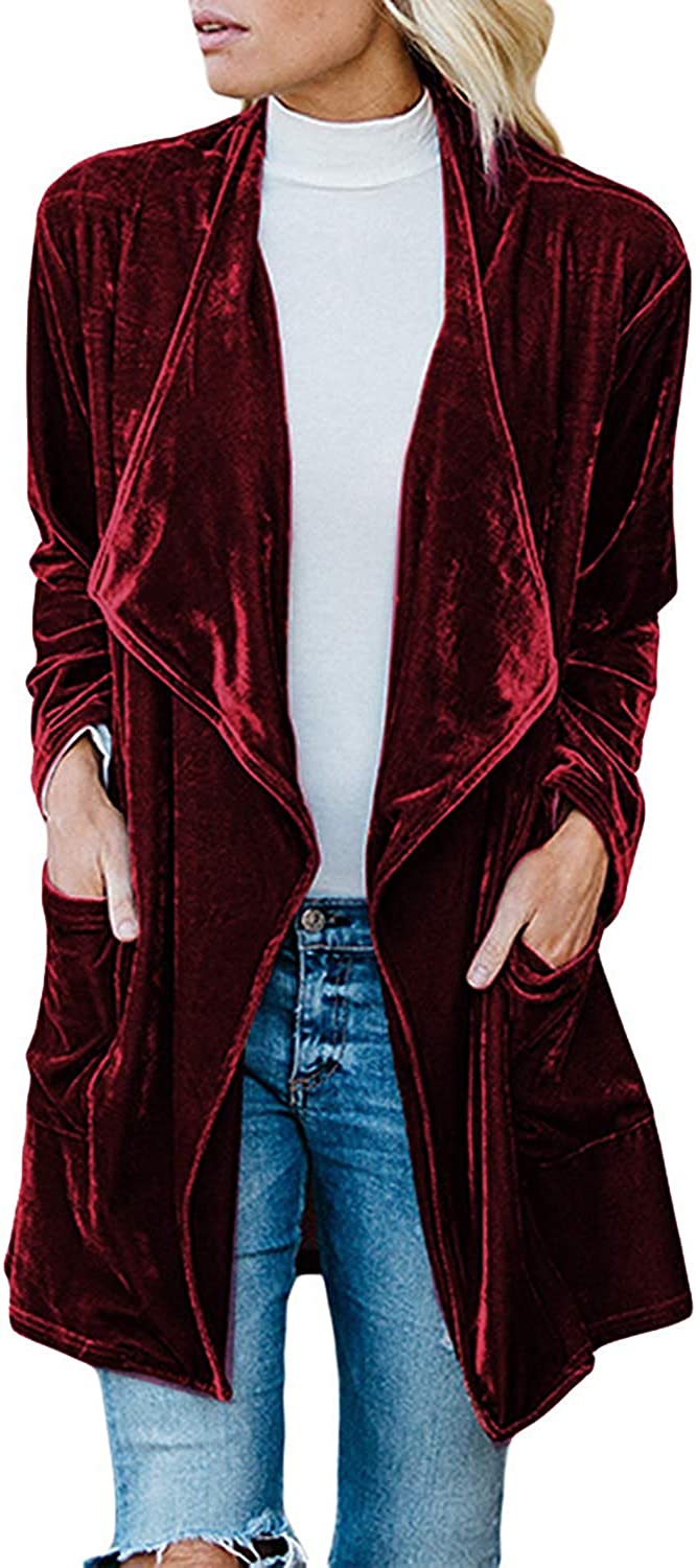 futurino Women's Solid Long Sleeve Velvet Jacket Open Front Cardigan Coat with Pockets Outerwear