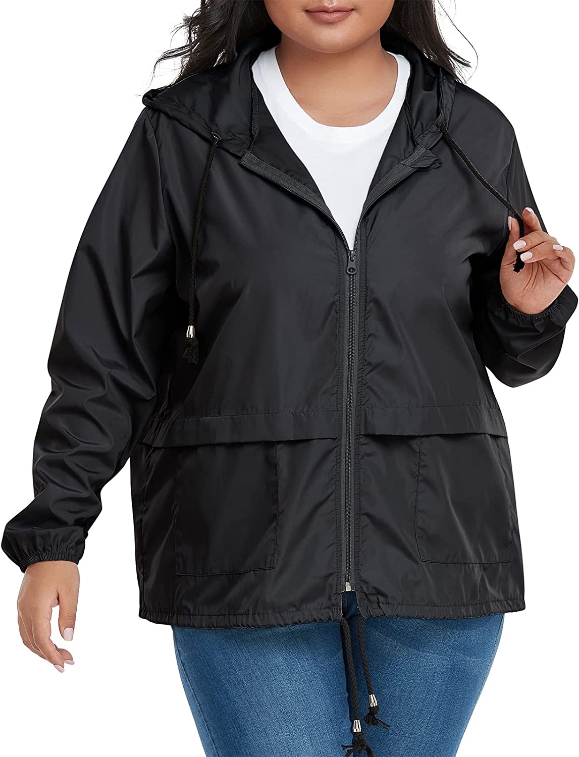 Women Plus Size Light Rain Coat Jackets Packable Outdoor Hooded Waterproof Windbreaker