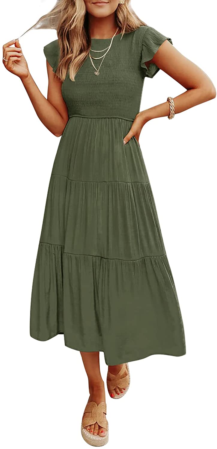 Women's Summer Casual Flutter Short Sleeve Crew Neck Smocked Elastic Waist Tiered Midi Dress