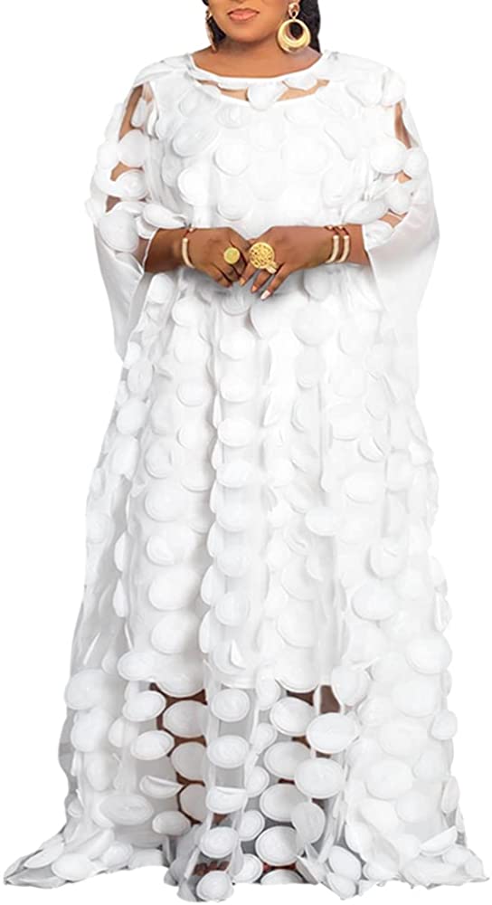 African Women Applique Flower Dress Boat Neck Chiffon Kaftan Dress One Size