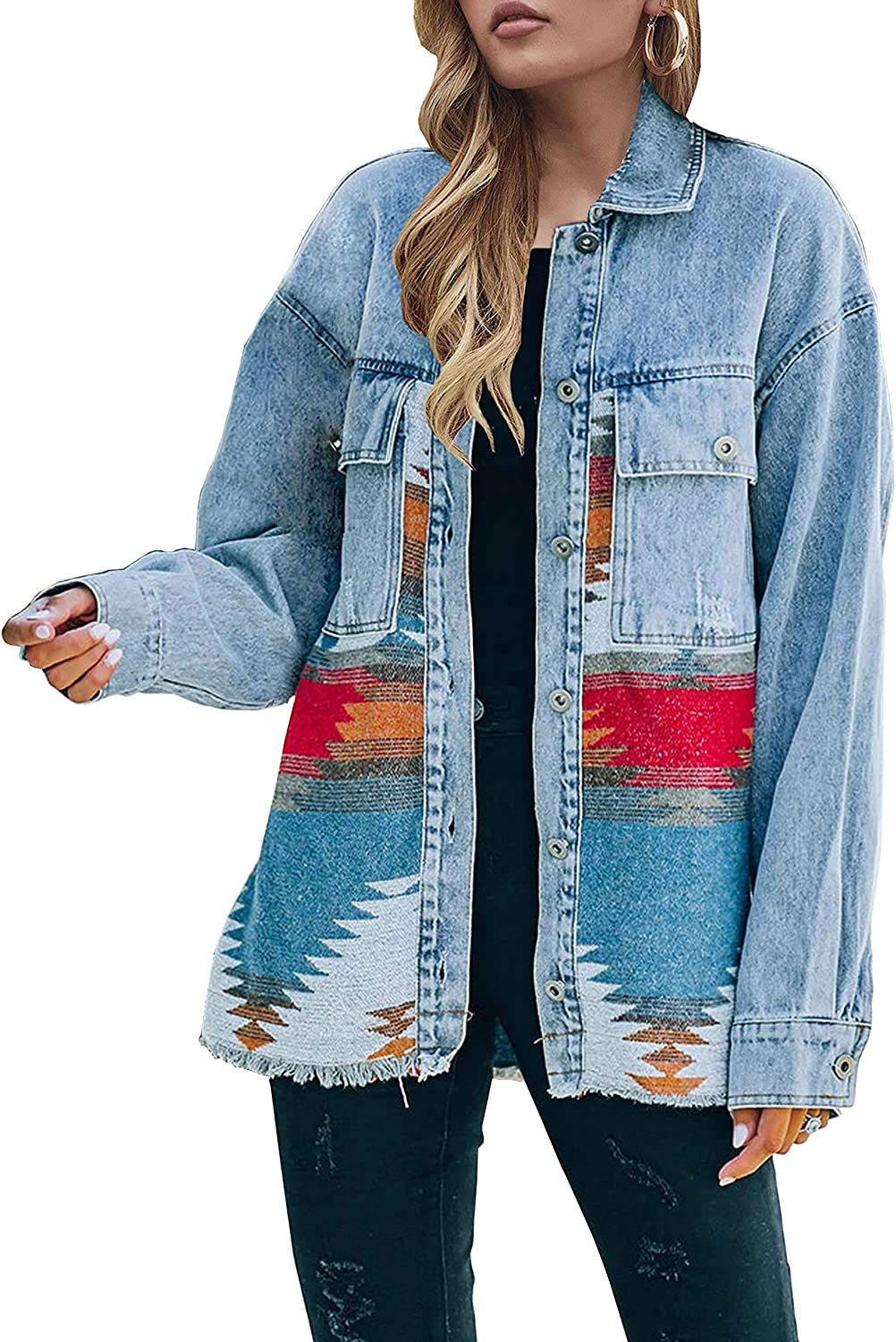 Lumister Women's Aztec Denim Jacket Distressed Lapel Long Sleeve Vintage Button Down Denim Jacket Shacket