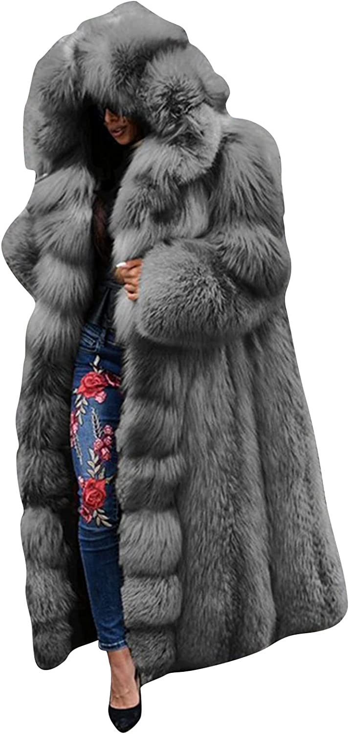 HTHLVMD Womens Thick Faux Fur Coat Big Hooded Parka Overcoat Winter Long Sleeve Coat M-5XL Jacket