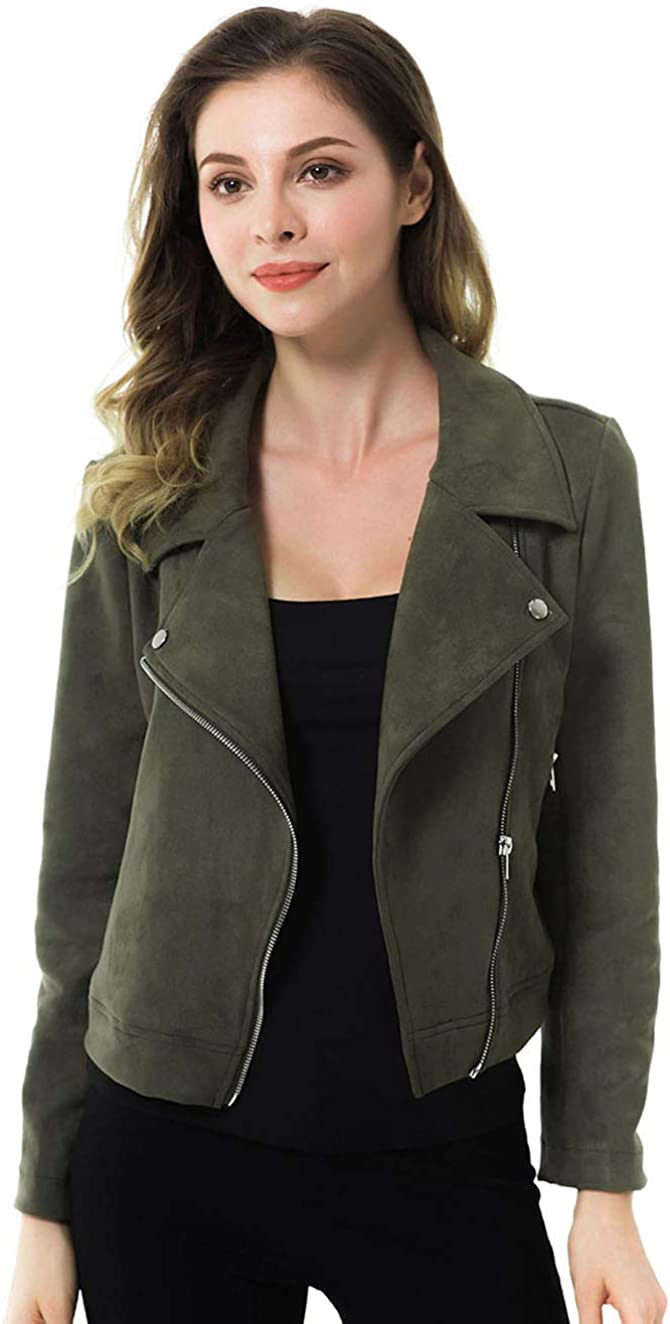 Apperloth Faux Suede Jackets for Women Long Sleeve Zipper Short Moto Biker Coat