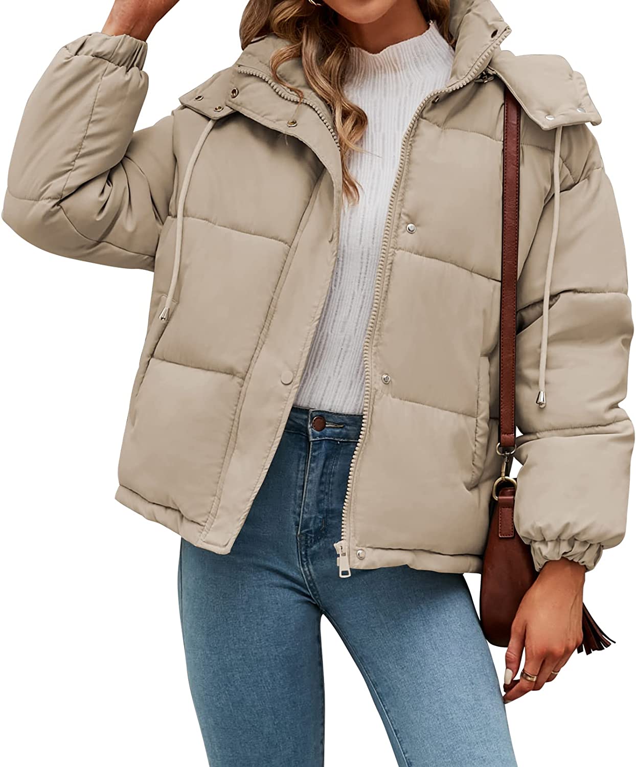 WOTOZR Women's Winter Hooded Puffer Jacket Oversized Long Sleeve Zip Up Quilted Short Down Coat with Pockets