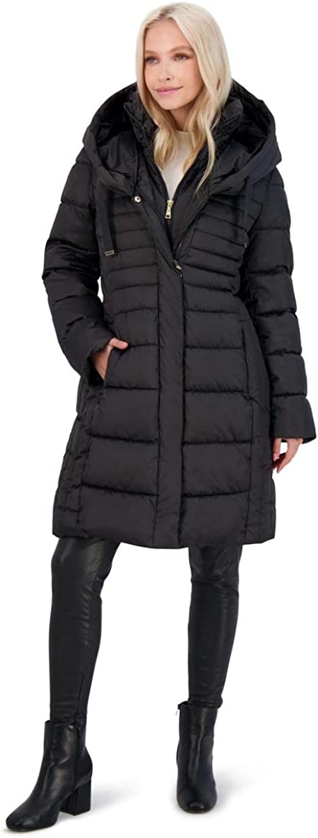 Tahari Casey Fitted Puffer Coat for Women-Quilted Winter Coat with Bib