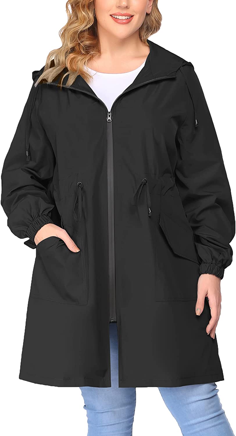 IN'VOLAND Women's Rain Jacket Plus Size Long Raincoat Lightweight Hooded Windbreaker Waterproof Jackets with Pockets