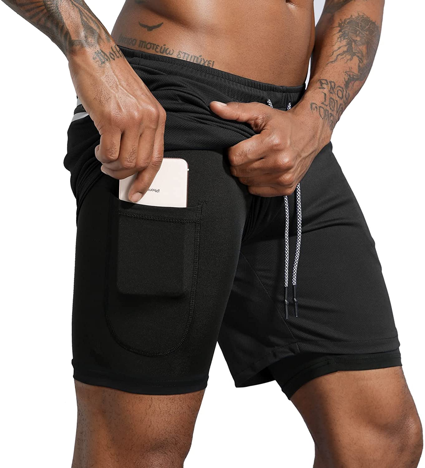 Leidowei Men's 2 in 1 Workout Running Shorts Lightweight Training Yoga Gym 7" Short with Zipper Pockets