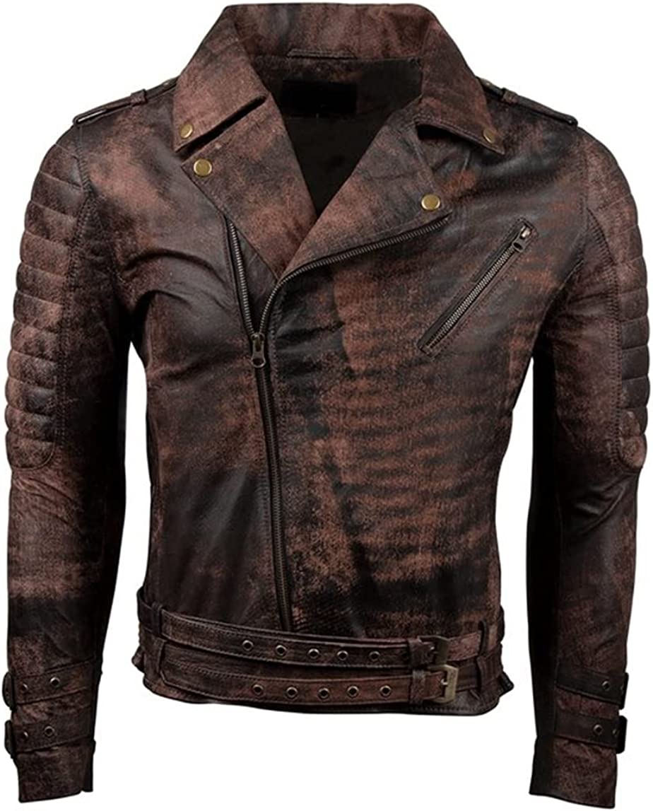 Mens Distressed Motorcycle Leather Jacket | Brown Riding Lambskin Aesthetic Jacket | Vinatge Belted Leather Jacket For Men
