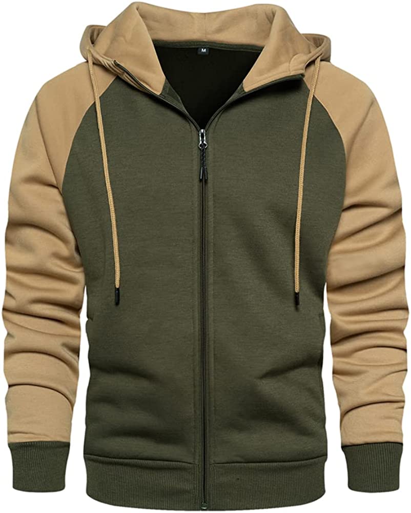 Men's Novelty Color Block Pullover Fleece Zip-Up Hoodie Long Sleeve Casual Sweatshirt with Pocket