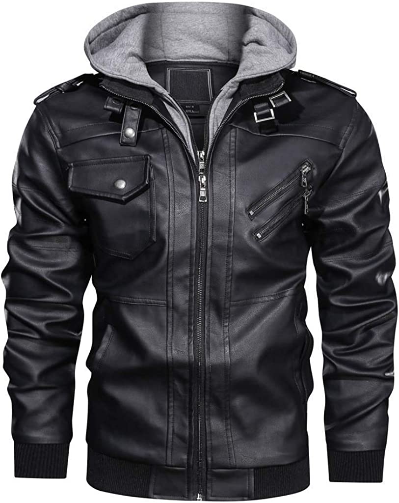 CRYSULLY Men's Leather Jacket-Fall Winter Vintage Motorcycle Biker Jacket with Removable Hood