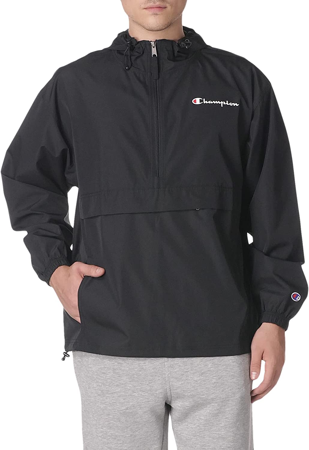 Champion Stadium Packable Jacket, Lightweight Water and Wind Resistant Pullover, Half Zip Hooded Windbreaker