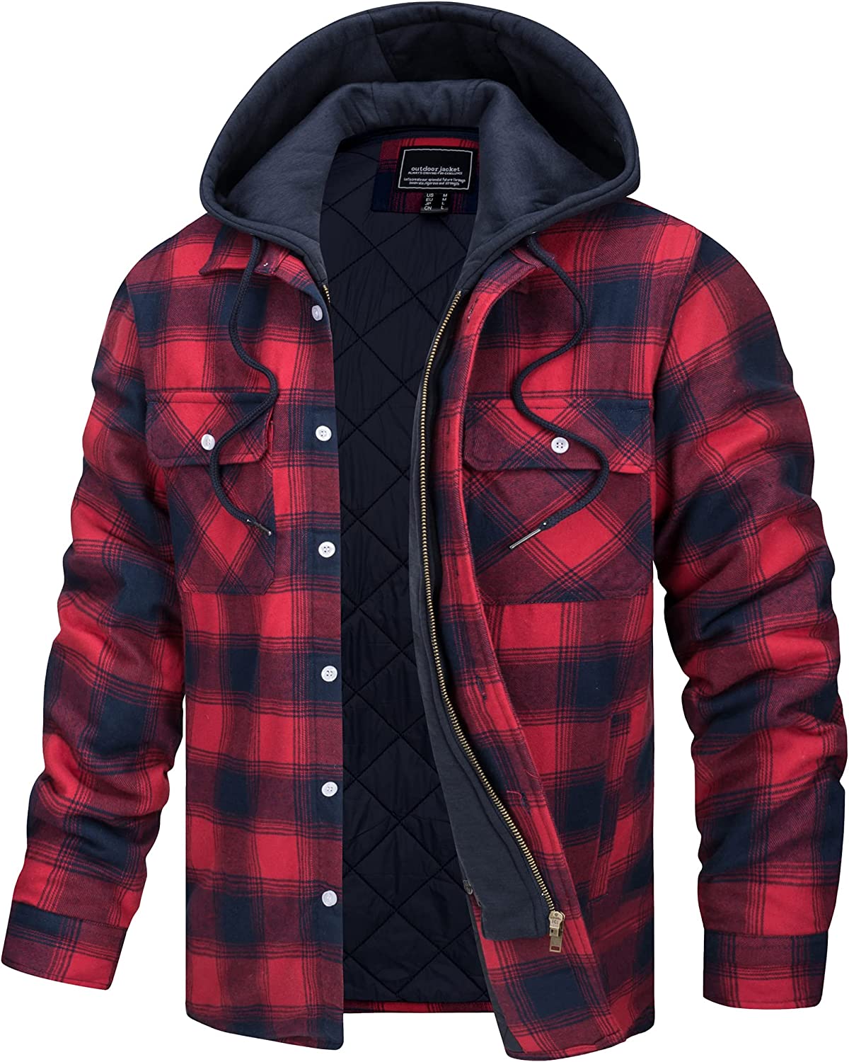 TACVASEN Men's Hooded Quilted Lined Flannel Shirt Jacket Plaid Button Down Shirts Zipper Jacket