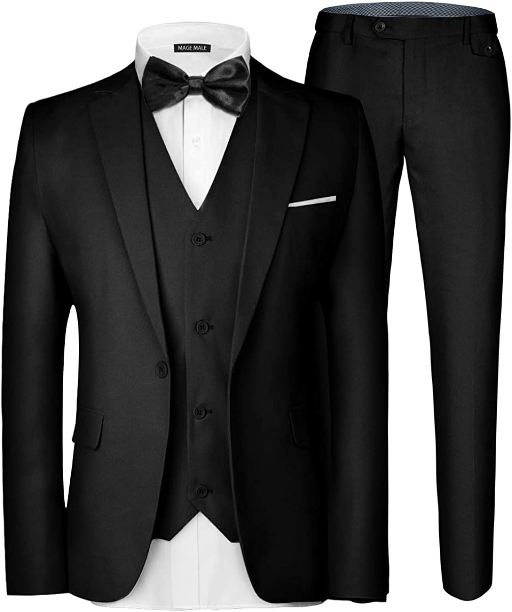 MAGE MALE Men's 3 Pieces Suit Elegant Solid One Button Slim Fit Single Breasted Party Blazer Vest Pants Set