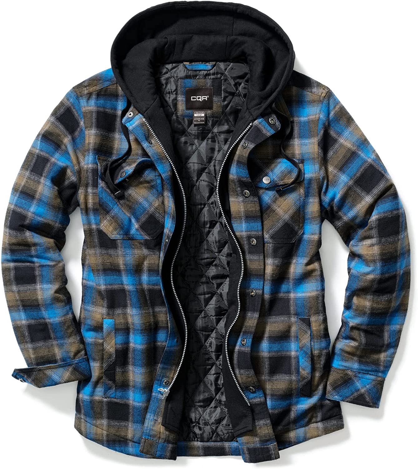 CQR Men's Quilted Lined Flannel Hooded Shirt Jacket, Soft Long Sleeve Outdoor Plaid Shirt Jackets