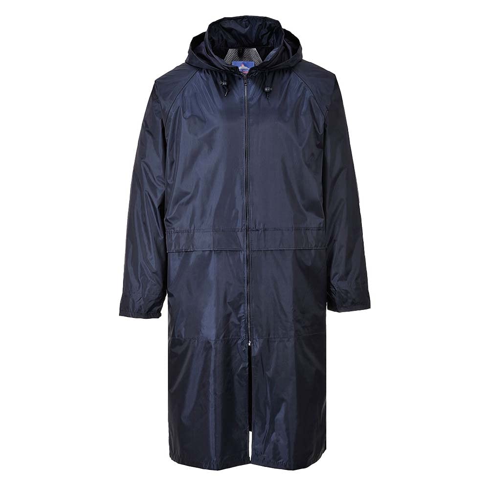 Portwest S438 Classic Hooded Rain Coat with Long 47" Waterproof Protection, Navy, Large