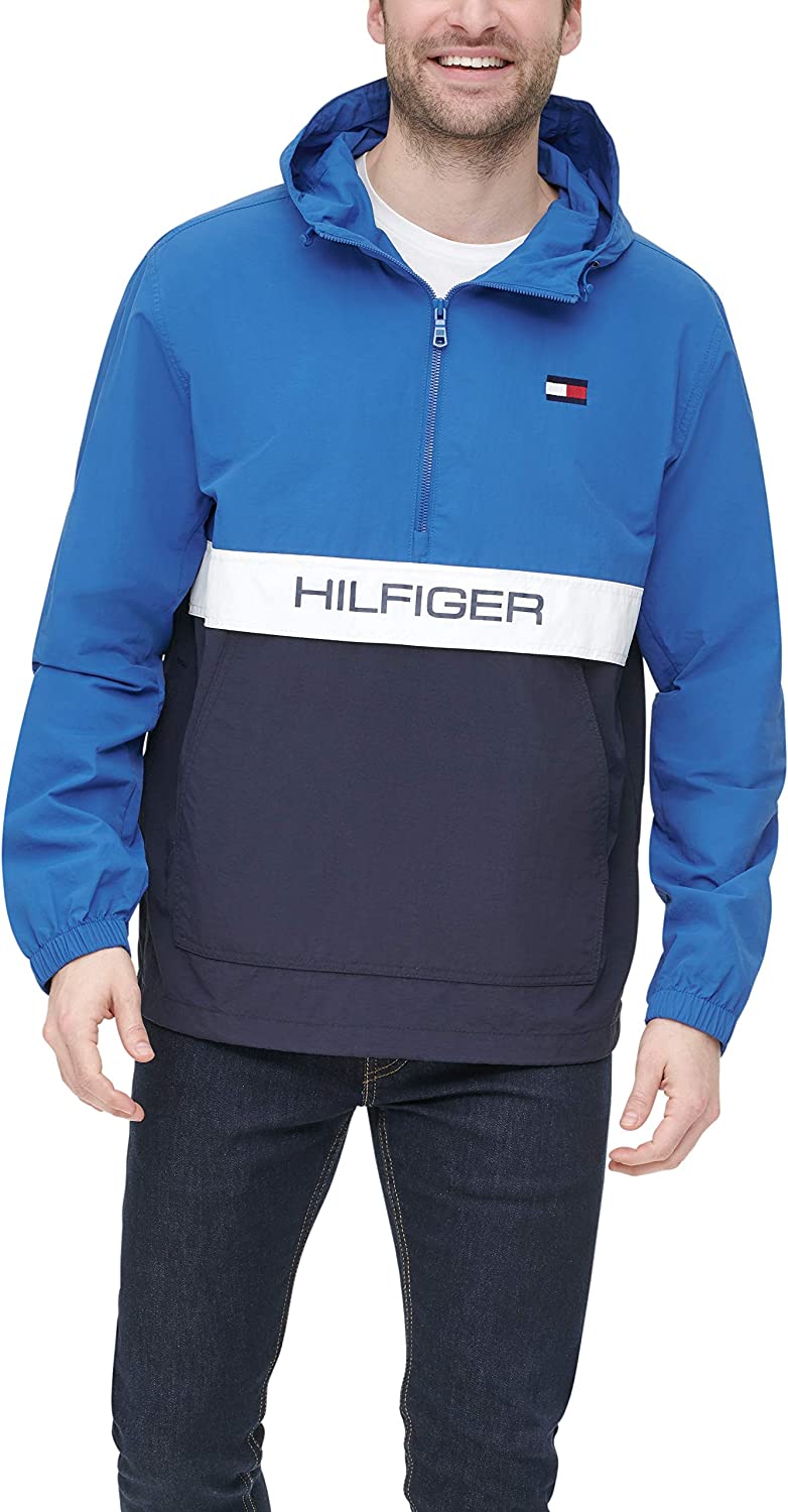 Tommy Hilfiger Men's Retro Lightweight Taslan Hooded Popover Water Resistant Windbreaker Jacket