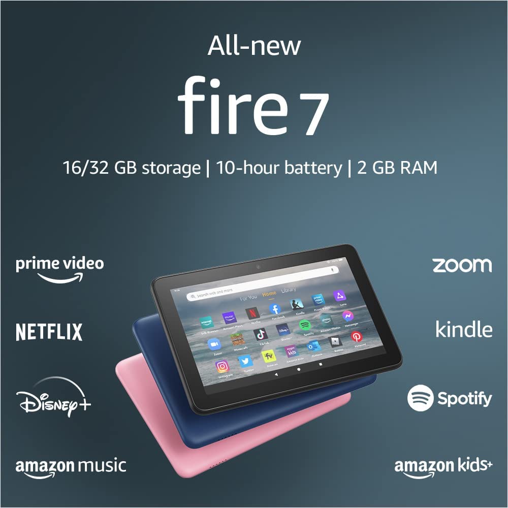 All-new Fire 7 tablet, 7” display, 16 GB, latest model (2022 release), Black, without lockscreen ads