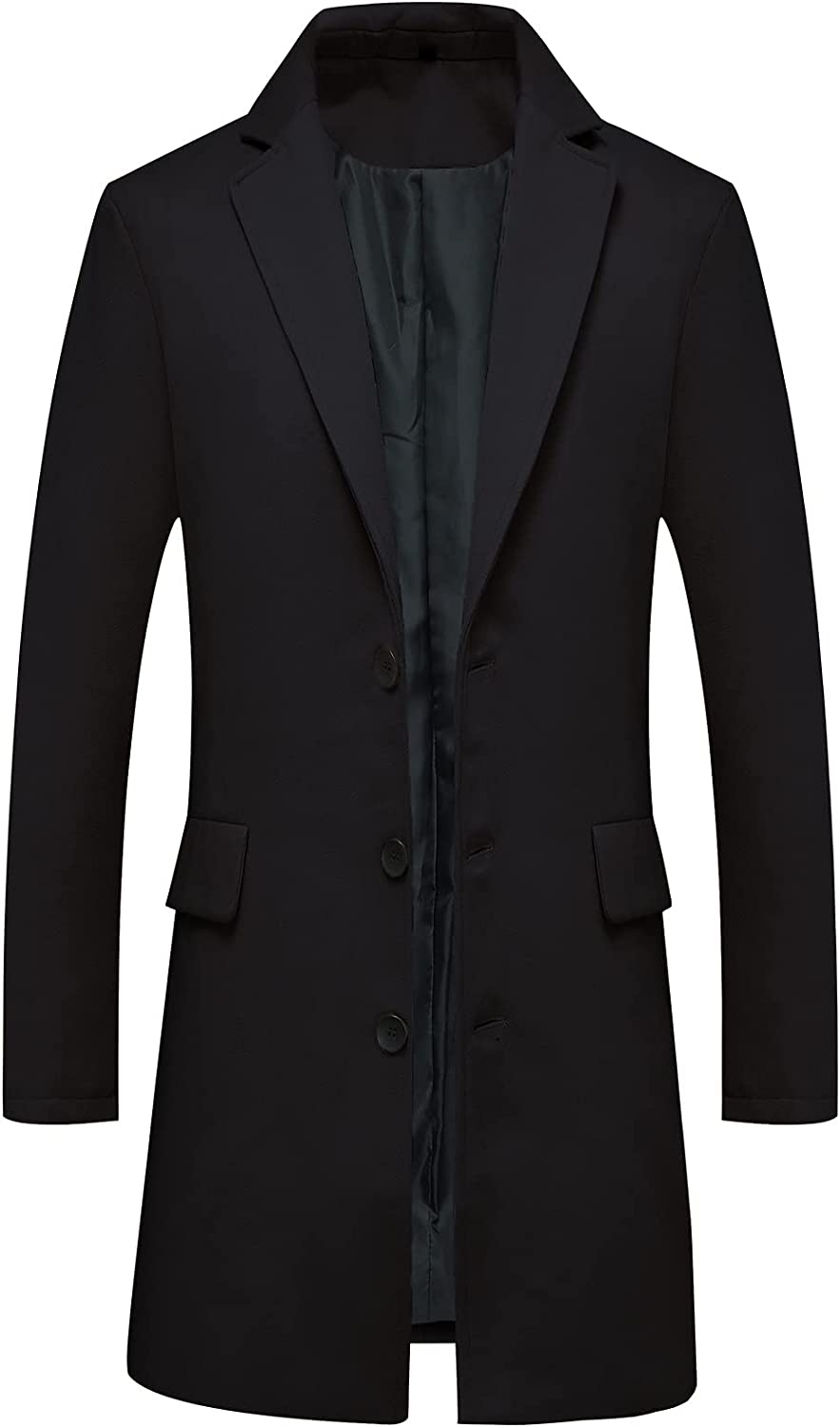 Men's Classic Wool Trench Overcoat Single Breasted Mid Long Wool Blend Top Pea Coats Jackets